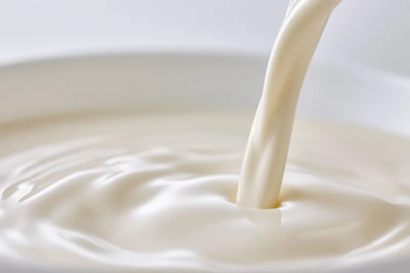 Milk pouring in a smooth stream into a white bowl, creating ripples on the surface