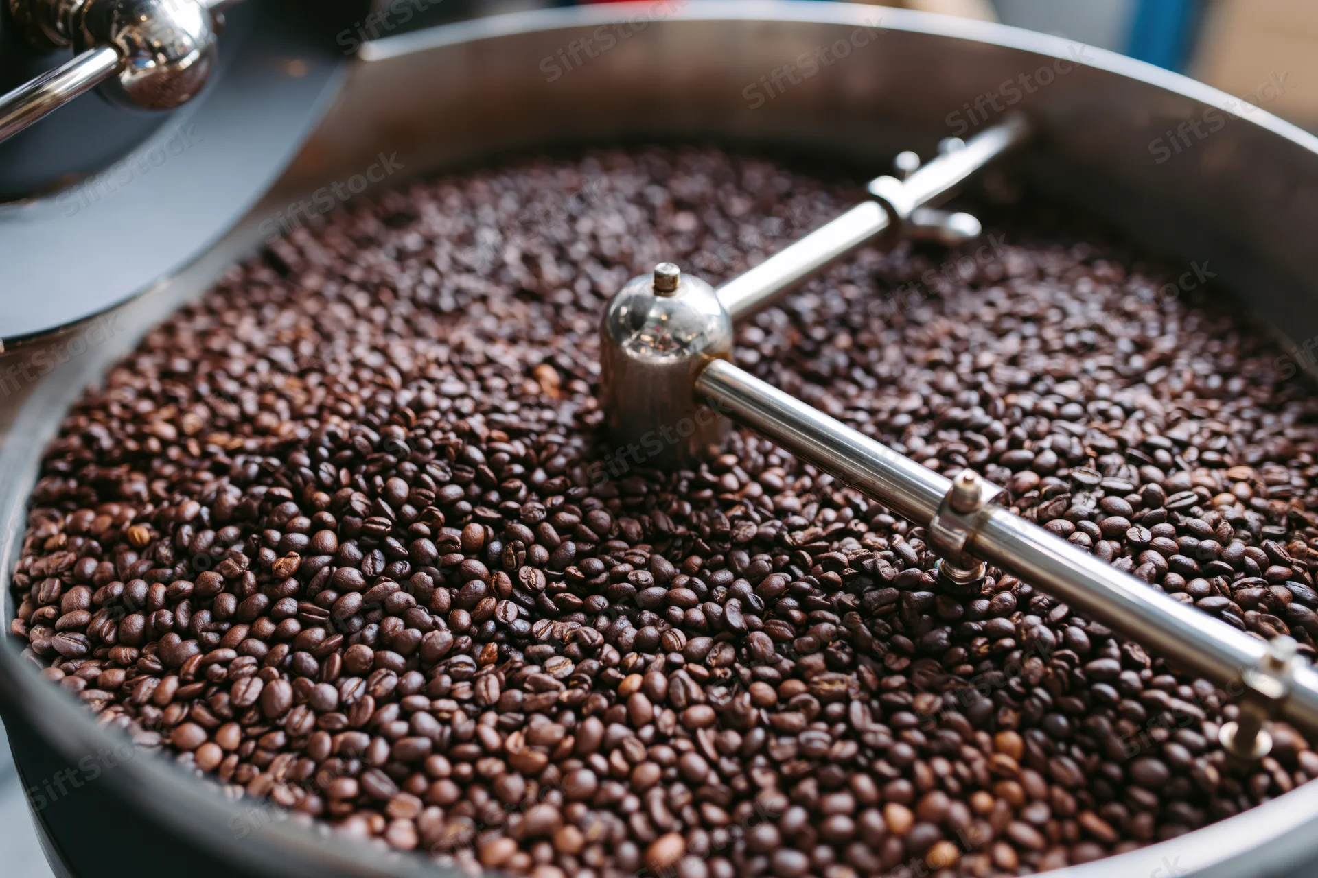 Roasted coffee beans cooling in a large industrial roasting drum