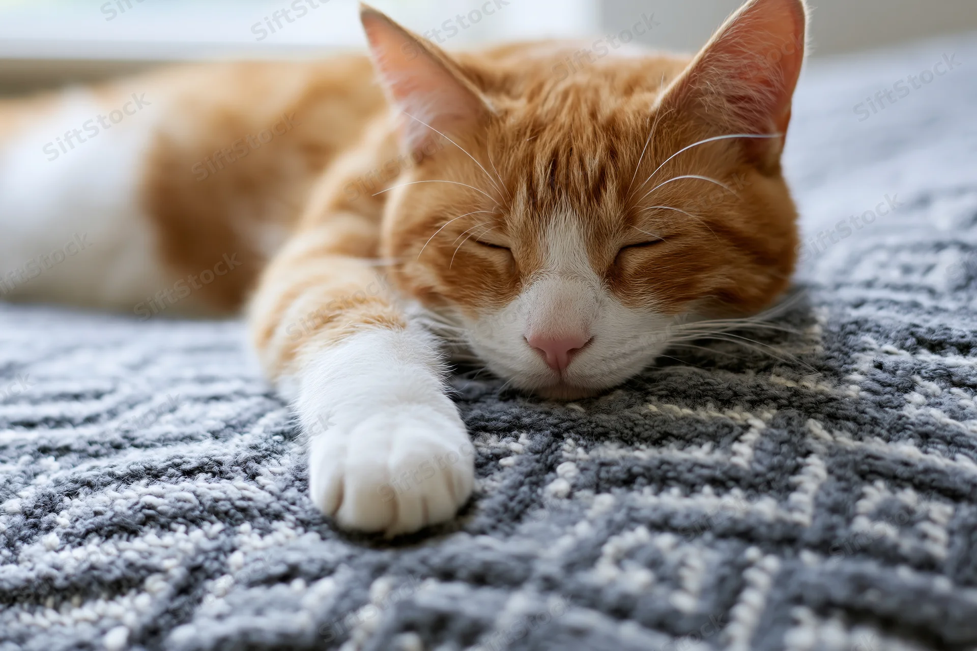 Ginger tabby cat sleeping stretched out on knitted wool blanket