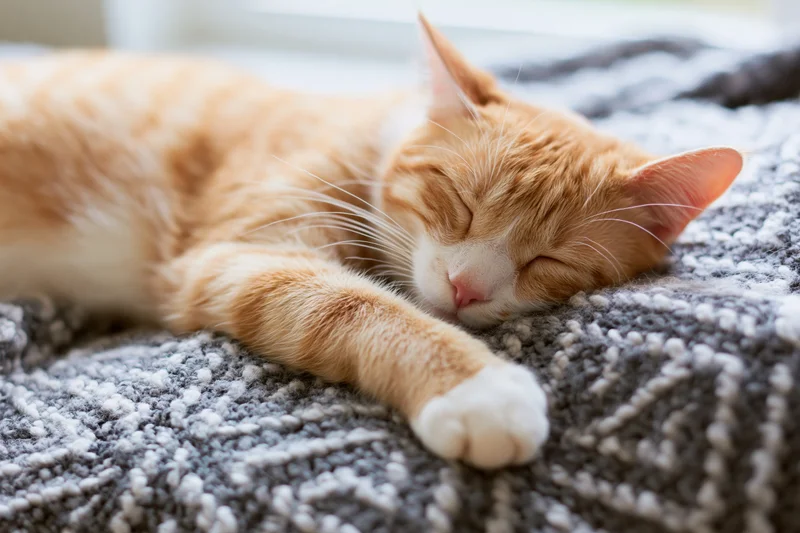 Ginger tabby cat sleeping stretched out on a knitted wool blanket