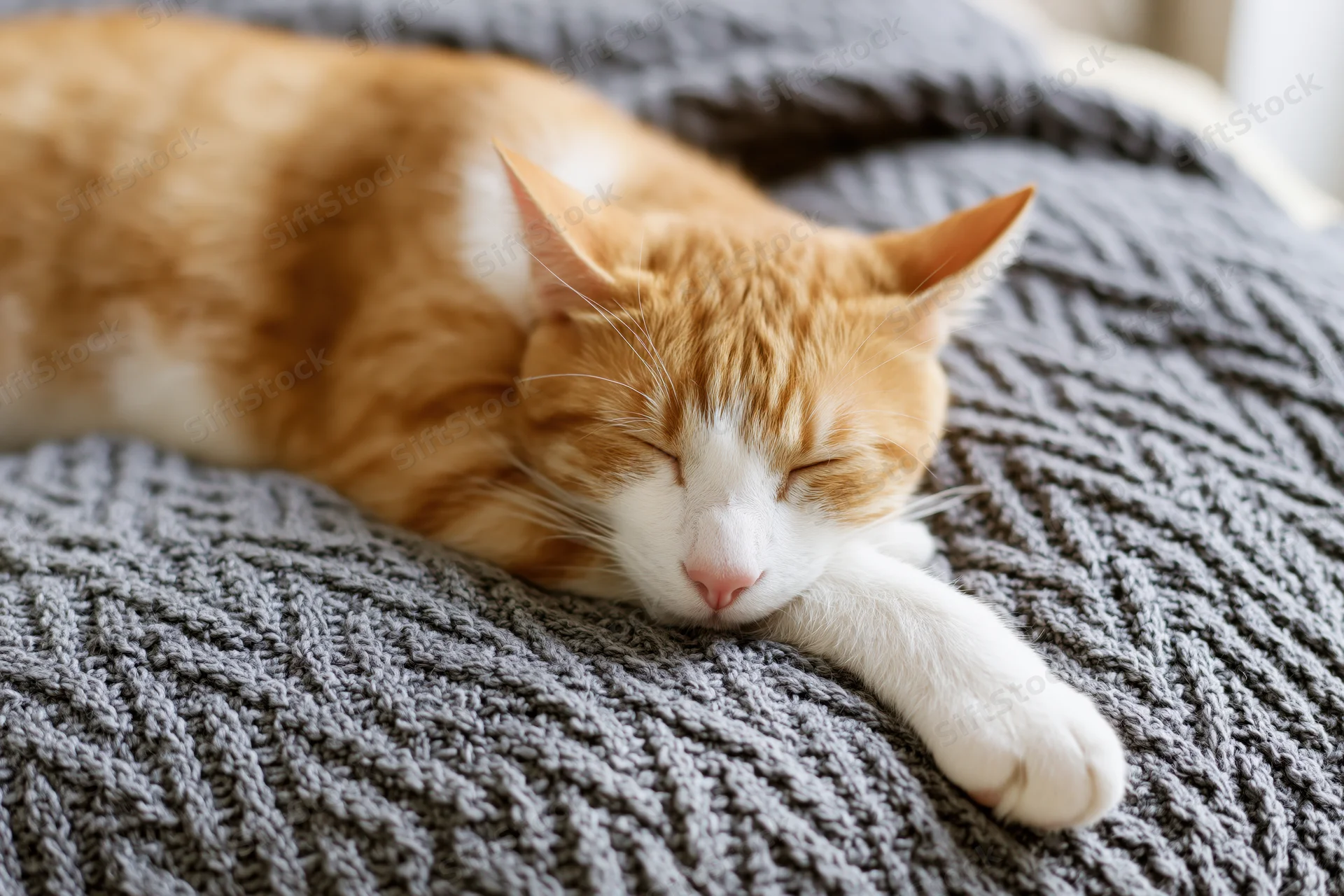 Ginger tabby cat sleeping stretched out on a knitted wool blanket