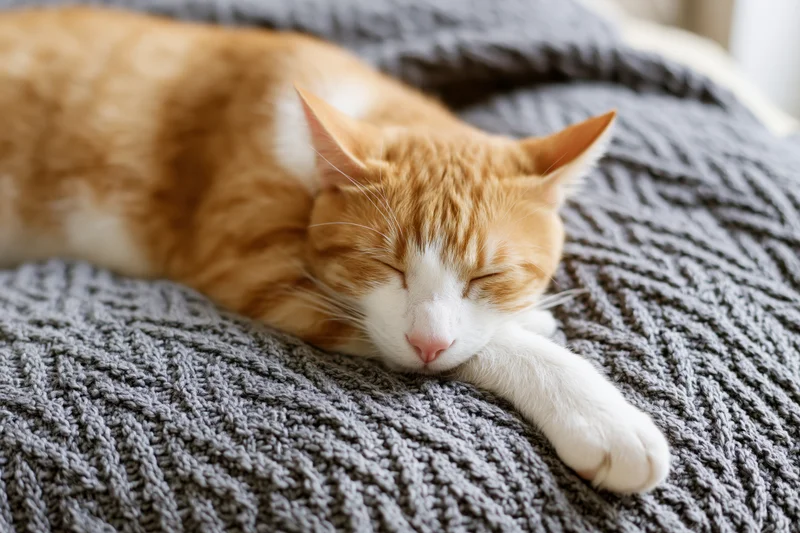 Ginger tabby cat sleeping stretched out on a knitted wool blanket
