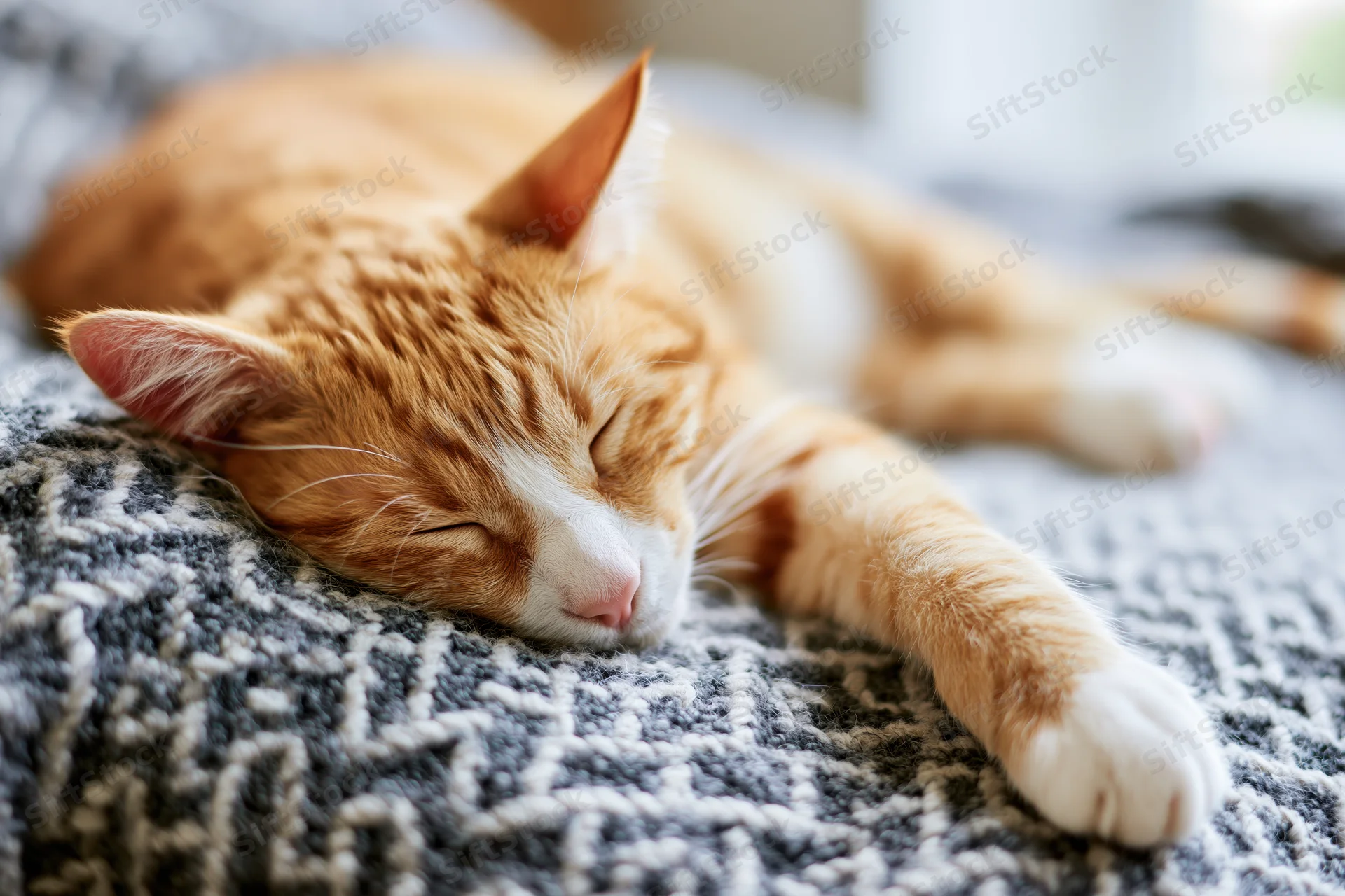 Ginger tabby cat sleeping stretched out on a knitted wool blanket