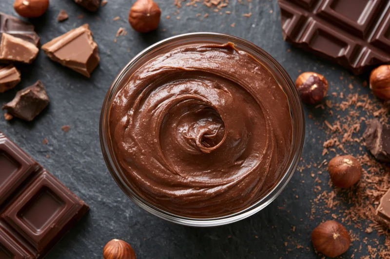 Smooth milk chocolate spread in a glass bowl surrounded by chocolate bars and hazelnuts on dark surface