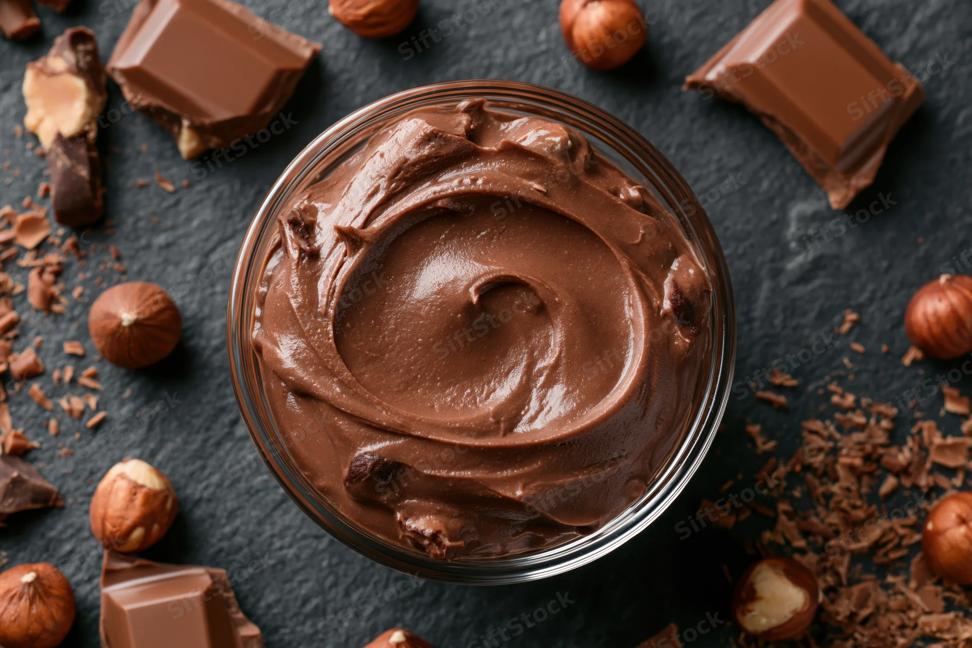 Smooth milk chocolate spread in a glass jar surrounded by chocolate pieces and hazelnuts on dark surface
