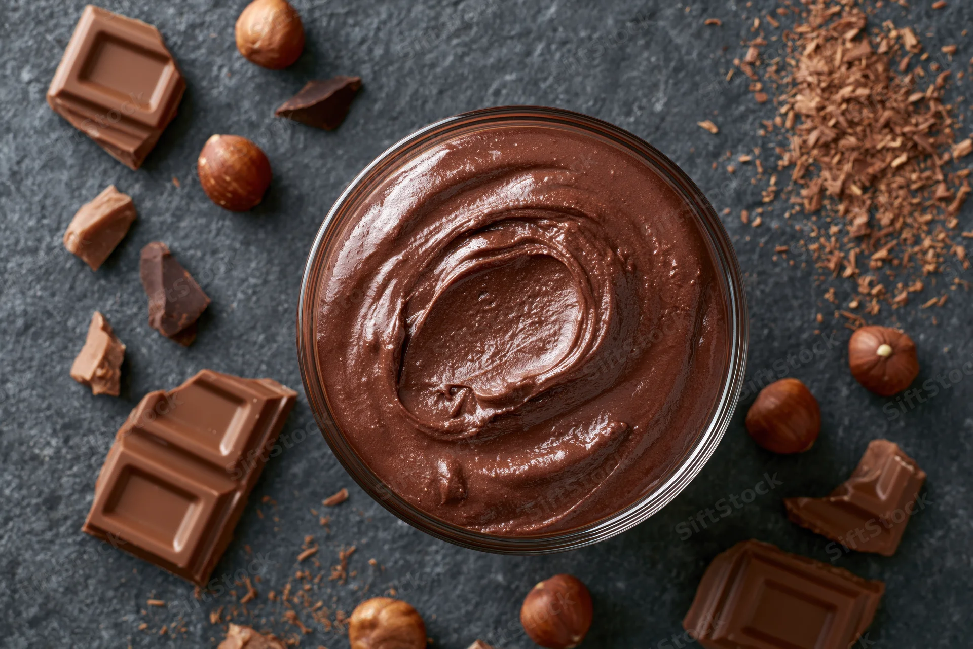 Smooth milk chocolate spread in a glass bowl surrounded by chocolate pieces and hazelnuts on dark surface