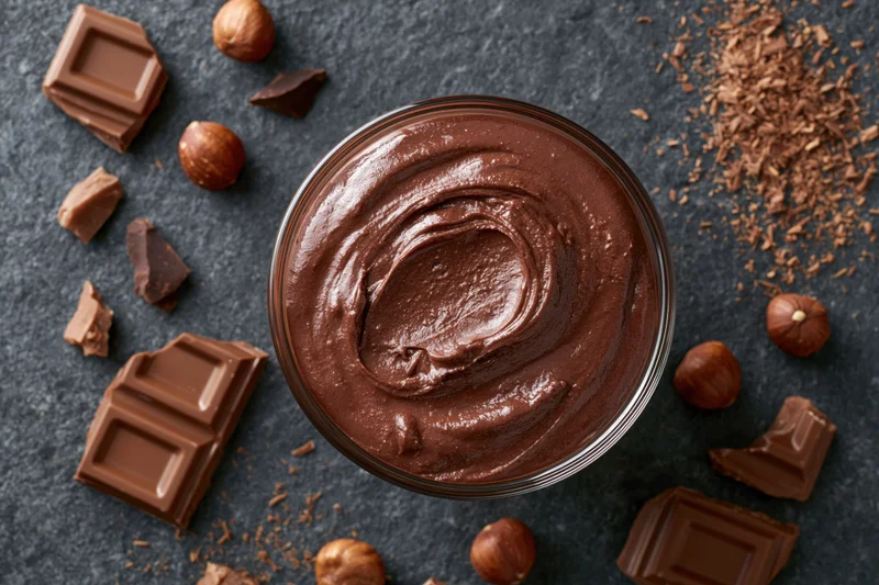 Smooth milk chocolate spread in a glass bowl surrounded by chocolate pieces and hazelnuts on dark surface