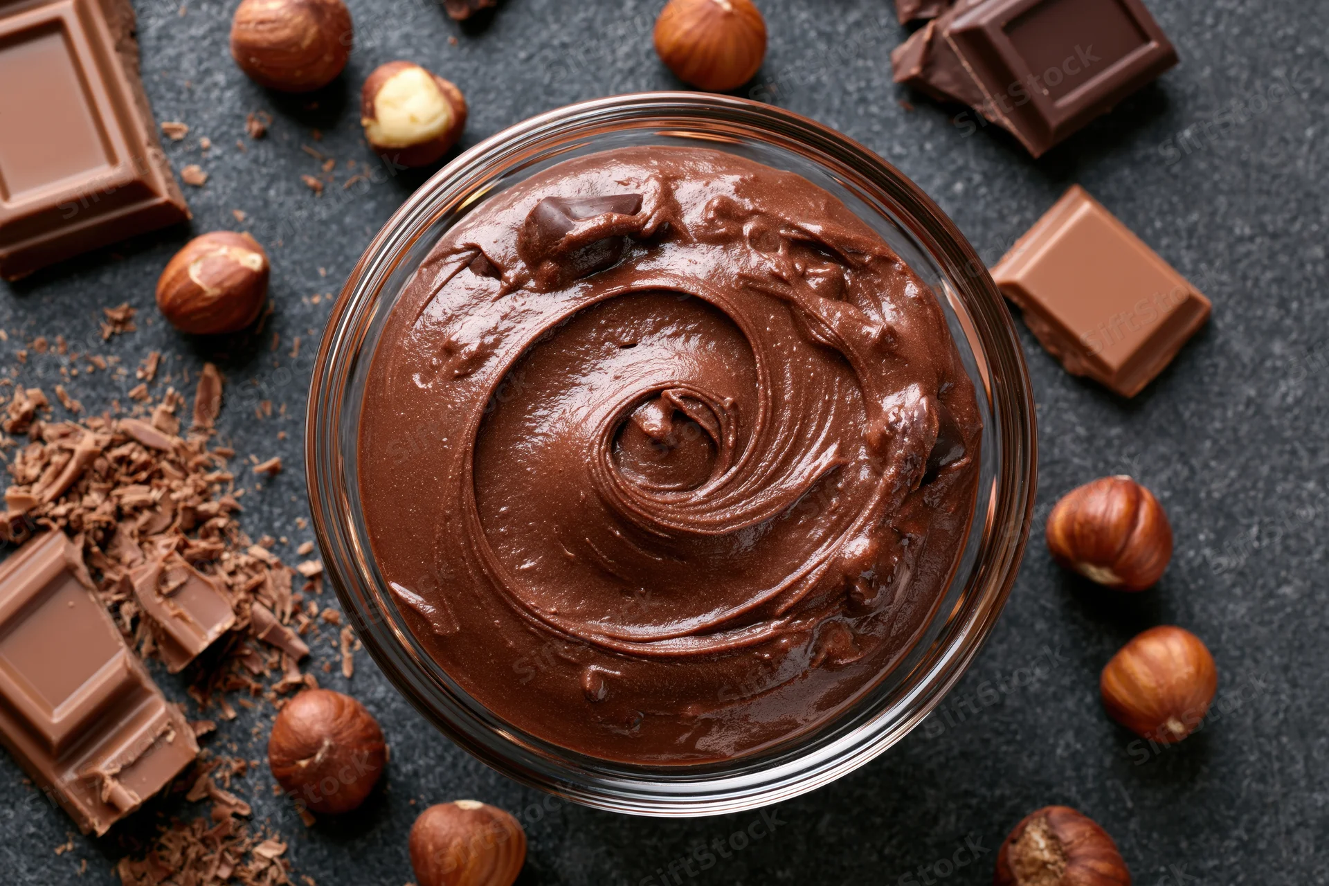 Smooth milk chocolate spread in a glass bowl surrounded by hazelnuts and chocolate pieces on dark surface