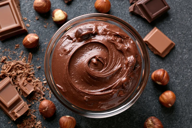 Smooth milk chocolate spread in a glass bowl surrounded by hazelnuts and chocolate pieces on dark surface