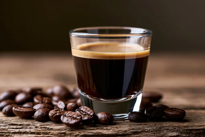 Espresso in a glass cup surrounded by coffee beans on a wooden surface