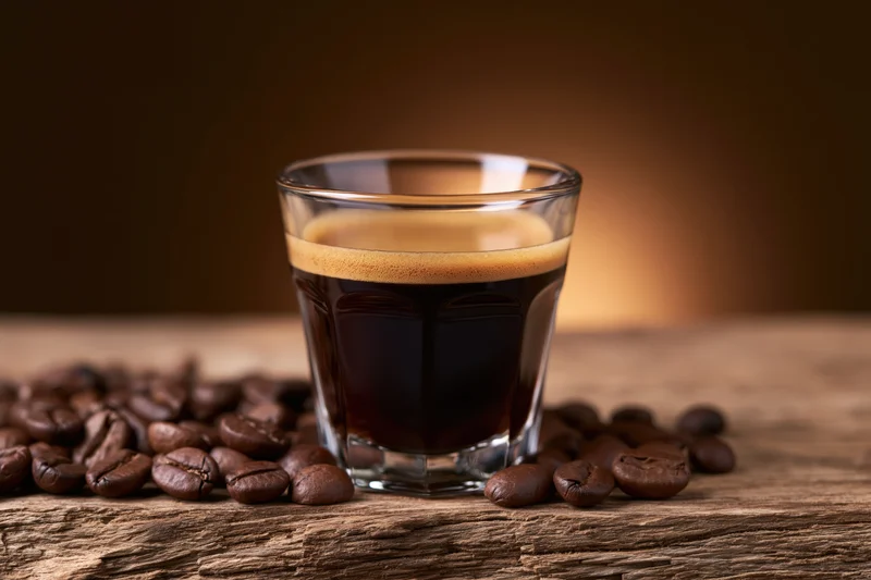 Espresso in a glass cup surrounded by coffee beans on a wooden surface