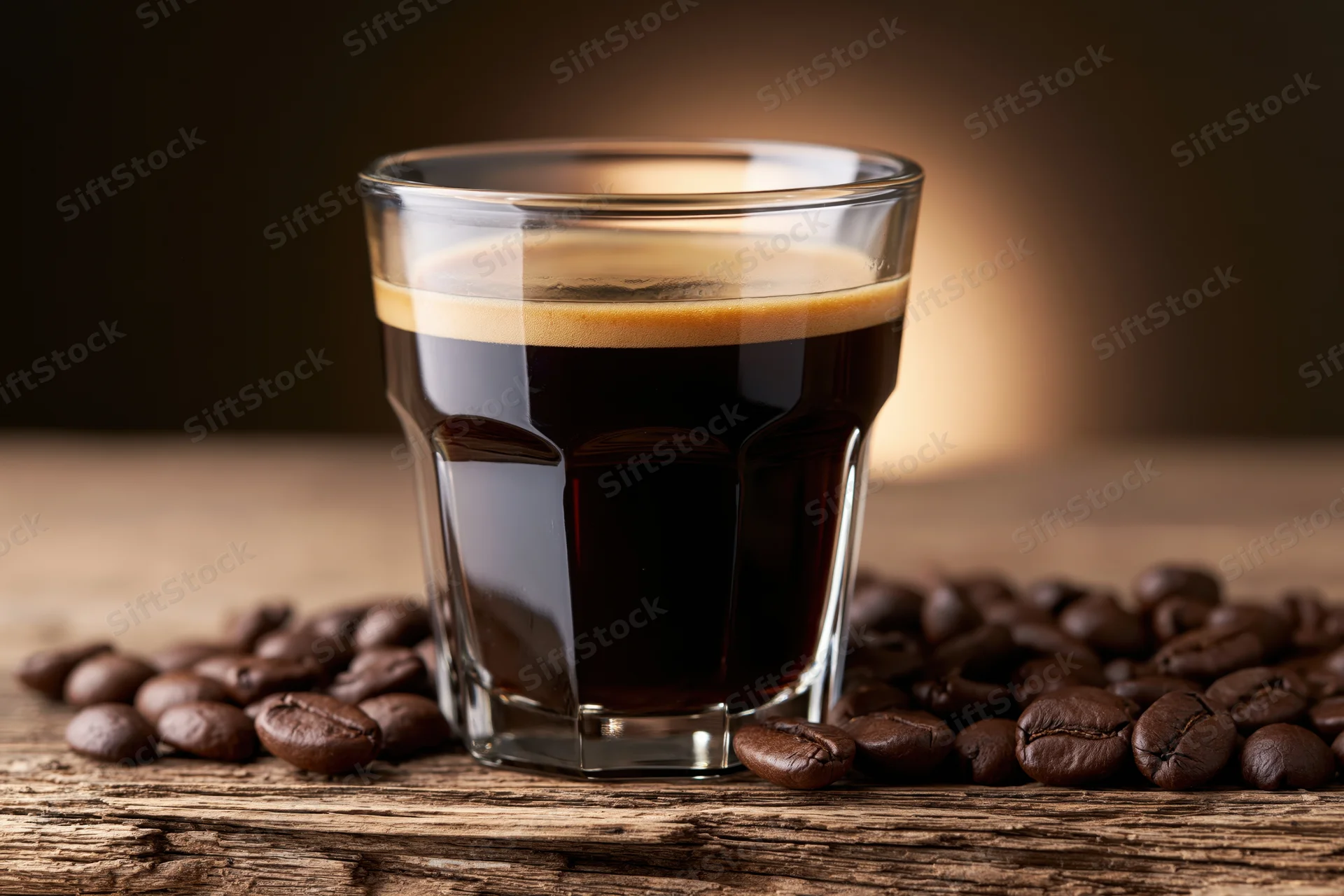 Glass espresso cup filled with dark coffee and crema surrounded by roasted beans on wooden surface
