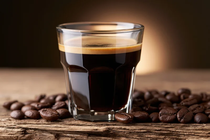 Glass espresso cup filled with dark coffee and crema surrounded by roasted beans on wooden surface