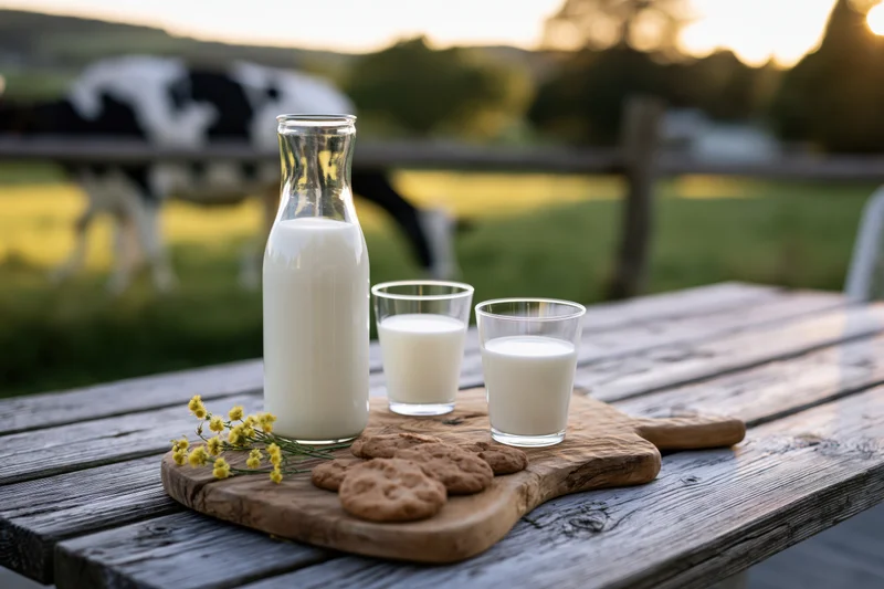 Milk bottle and two glasses on a wooden table with cookies and flowers, set against a pasture with a cow at sunset