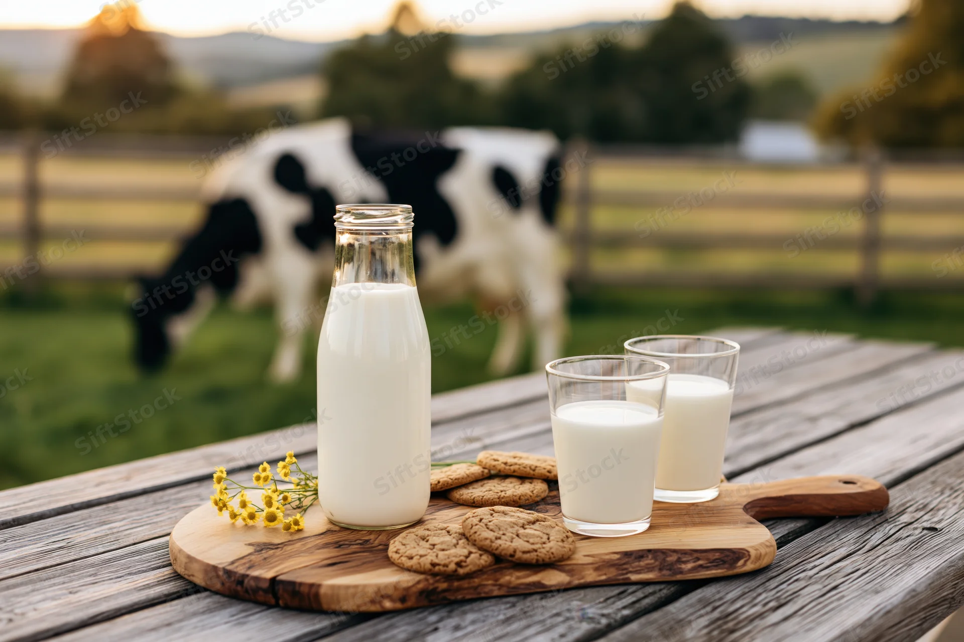 Milk bottle and two glasses with cookies on wooden table in front of grazing cow in pasture at sunset