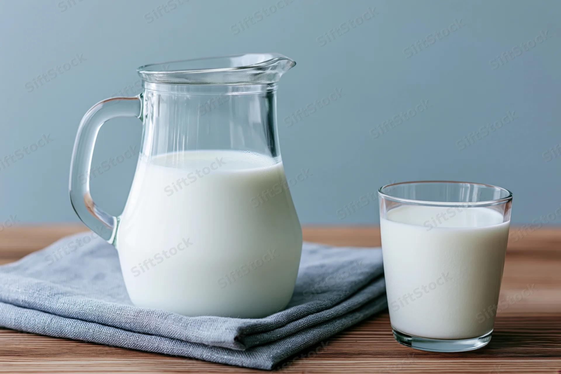 Glass pitcher and drinking glass filled with milk on wooden table with folded cloth napkin