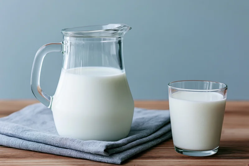 Glass pitcher and drinking glass filled with milk on wooden table with folded cloth napkin