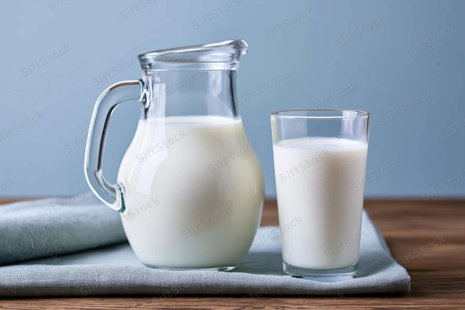 Glass pitcher and drinking glass filled with fresh white milk on a cloth napkin on wooden table