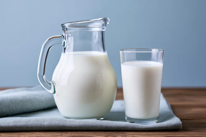 Glass pitcher and drinking glass filled with fresh white milk on a cloth napkin on wooden table