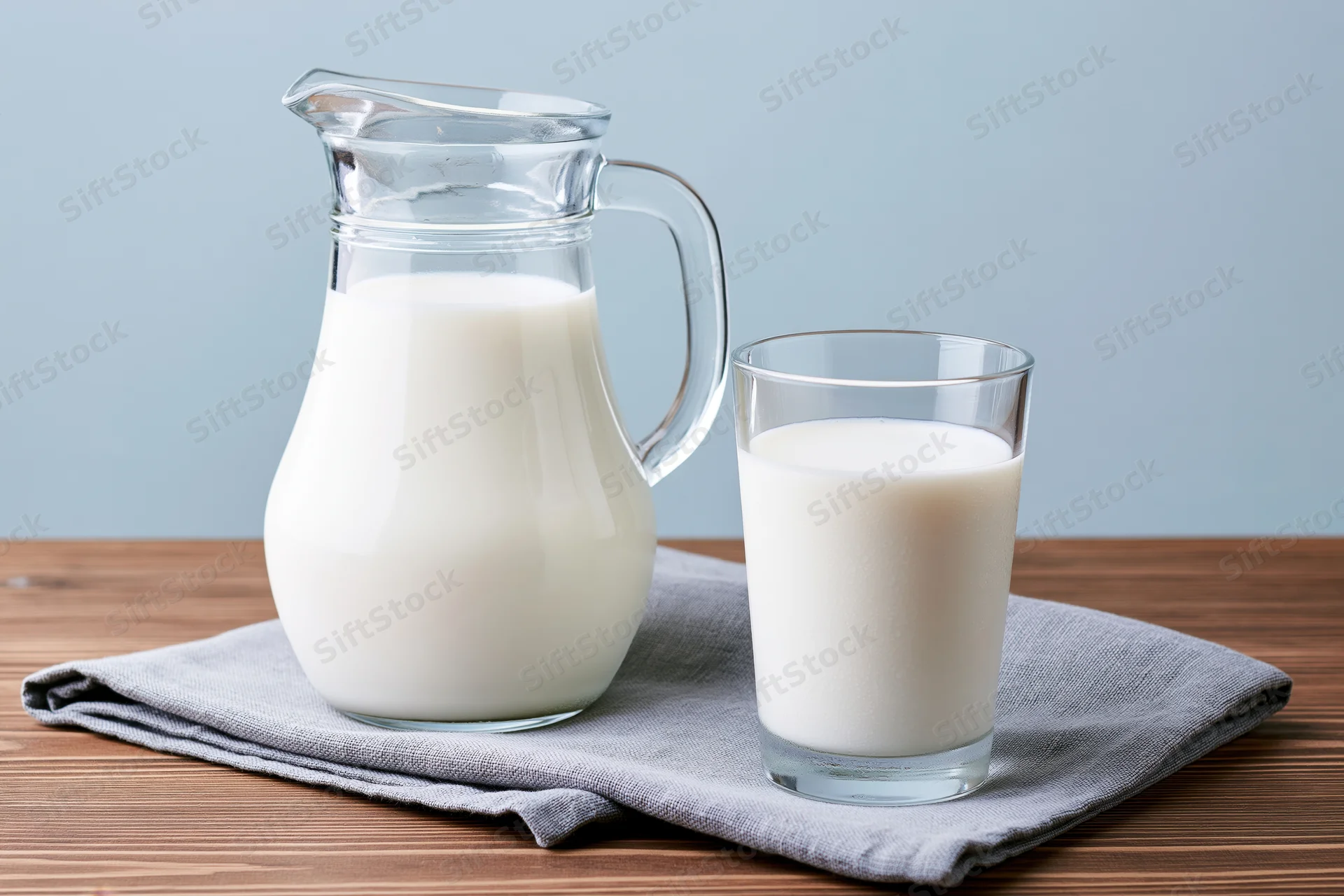 Glass pitcher and drinking glass filled with milk on wooden table with gray cloth