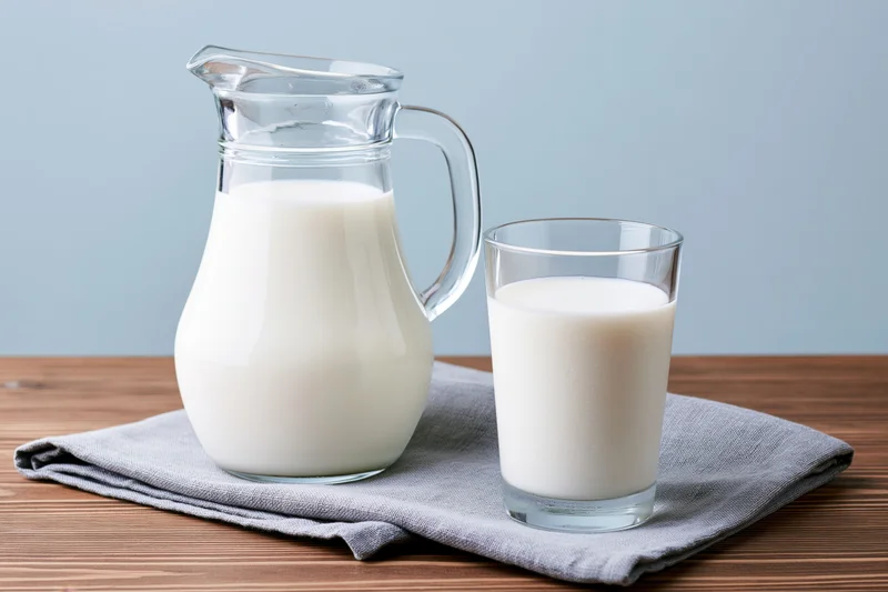 Glass pitcher and drinking glass filled with milk on wooden table with gray cloth