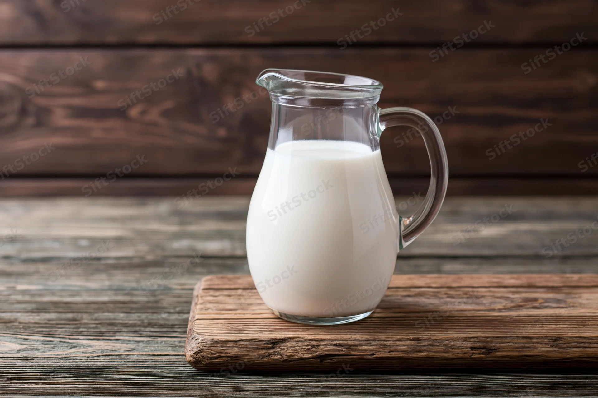 Glass pitcher filled with white milk on a wooden cutting board against rustic wood background