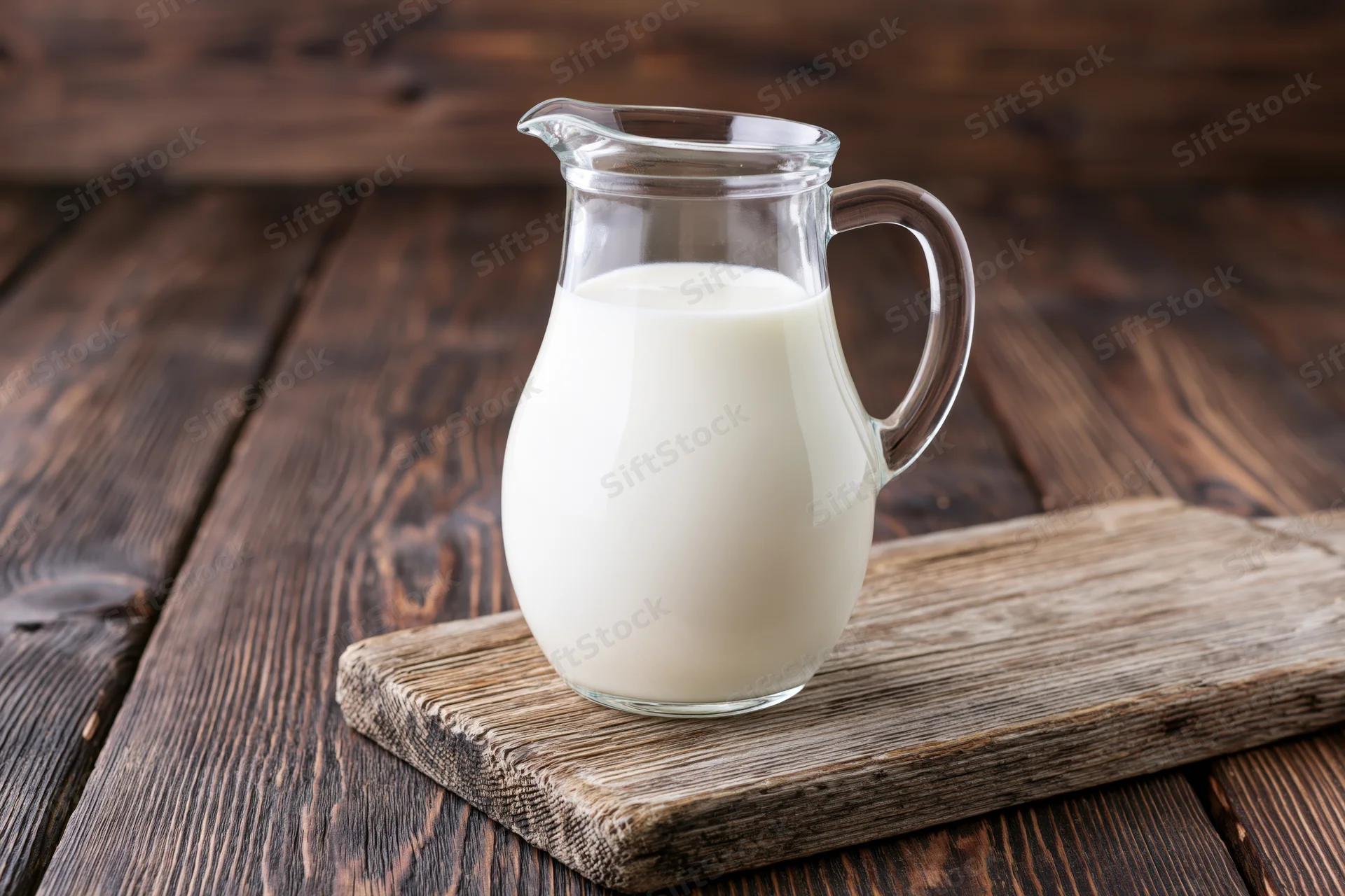 Glass pitcher filled with white milk on a wooden cutting board on a rustic table