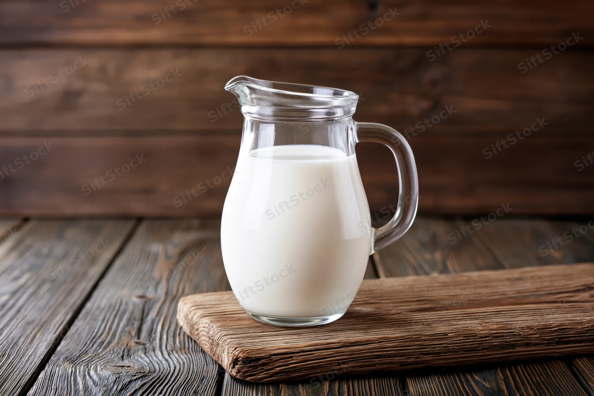 Glass pitcher filled with fresh white milk on a wooden cutting board on a rustic wooden table
