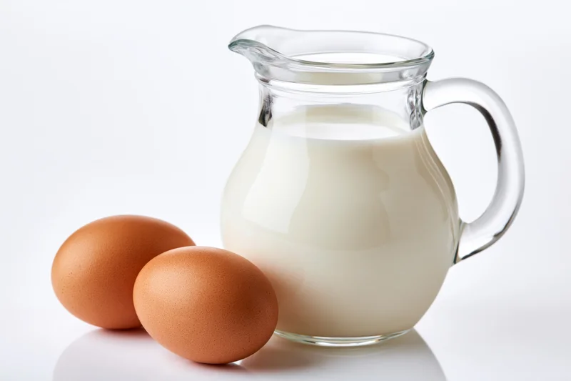 Glass pitcher filled with milk beside two brown eggs on white surface