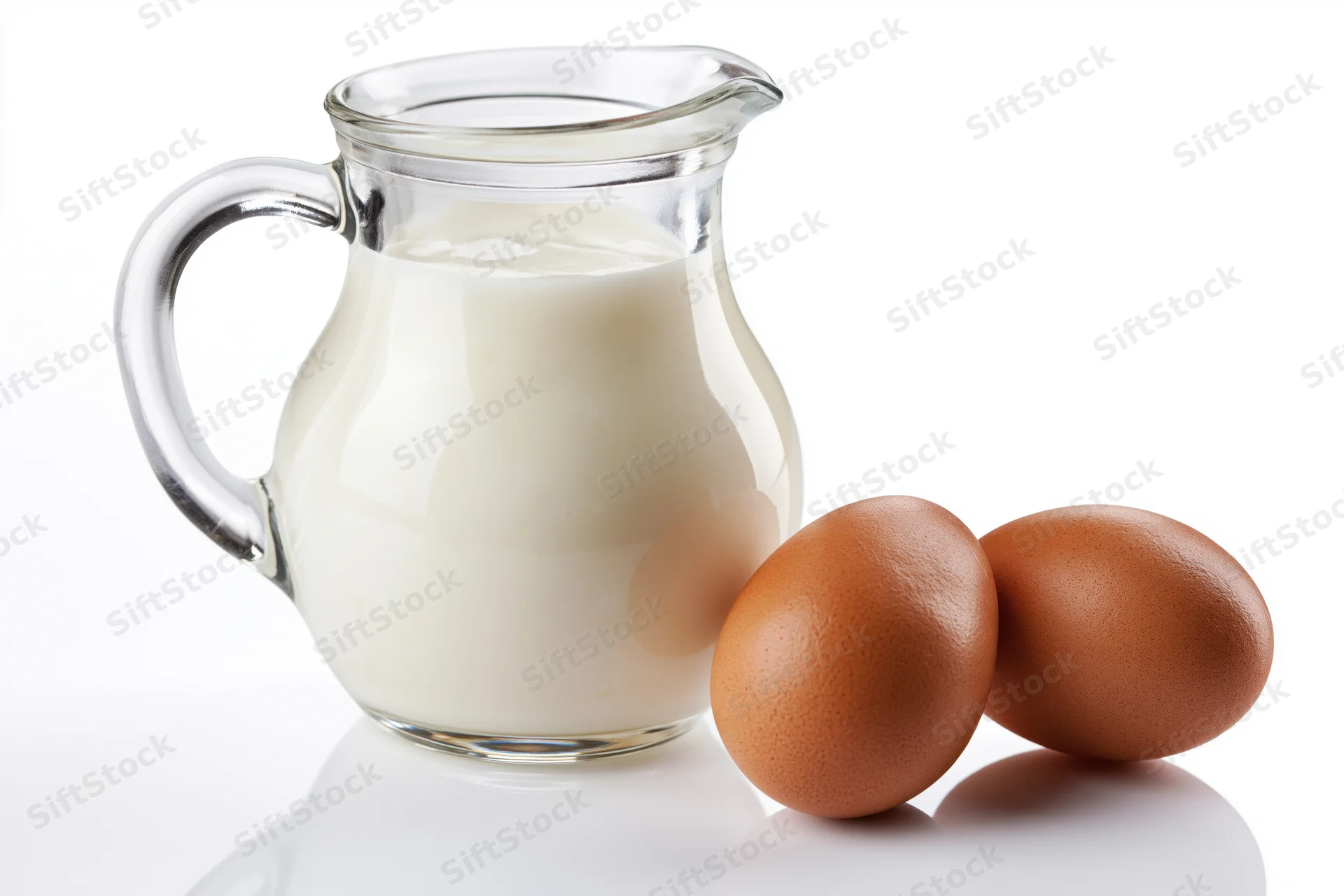 Glass pitcher filled with milk beside two brown eggs on white surface