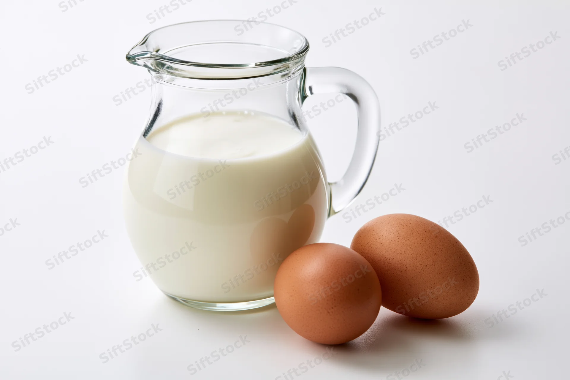 Glass pitcher of milk with two brown eggs on white surface