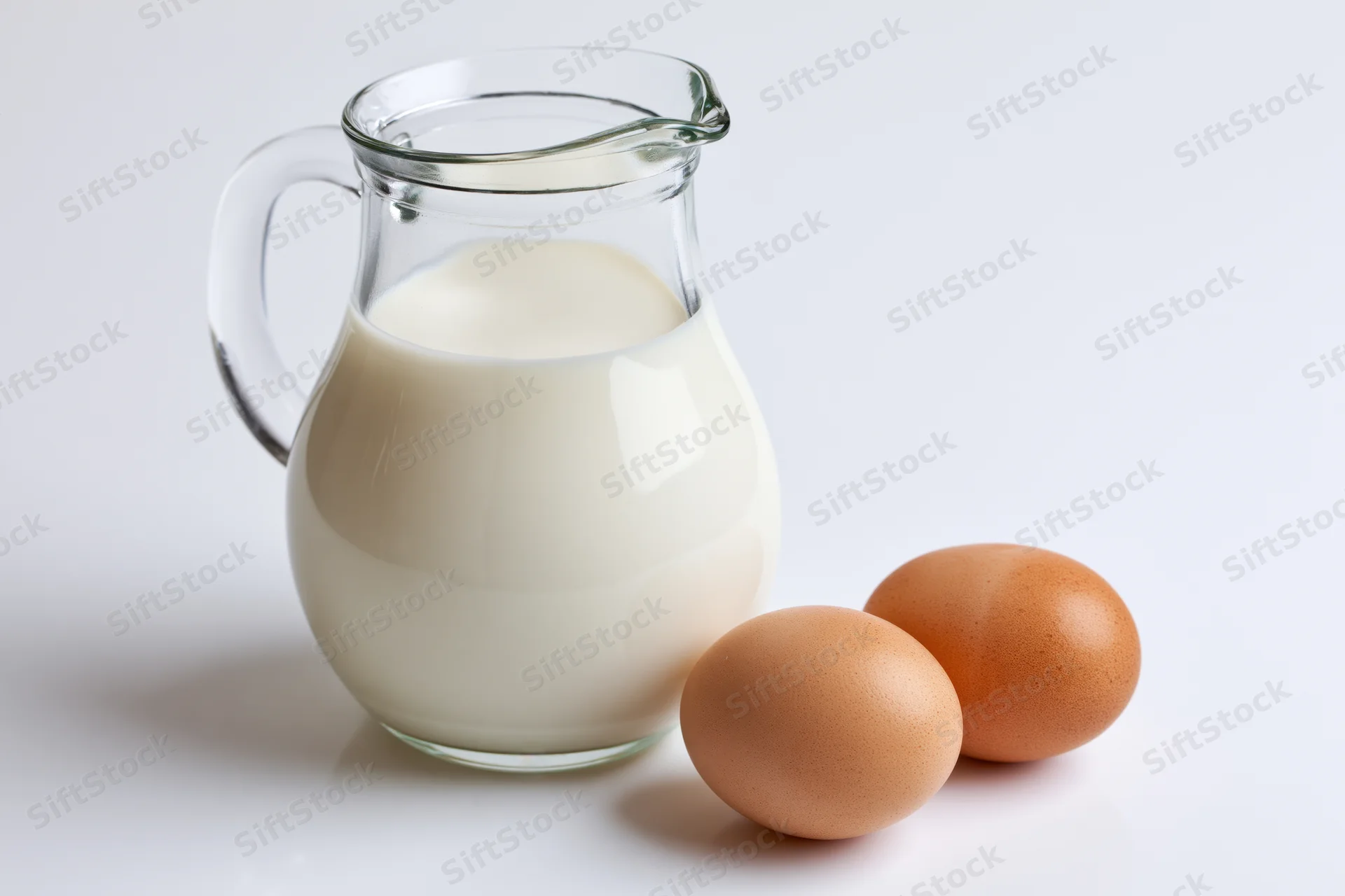 Glass pitcher filled with milk beside two brown eggs on white surface