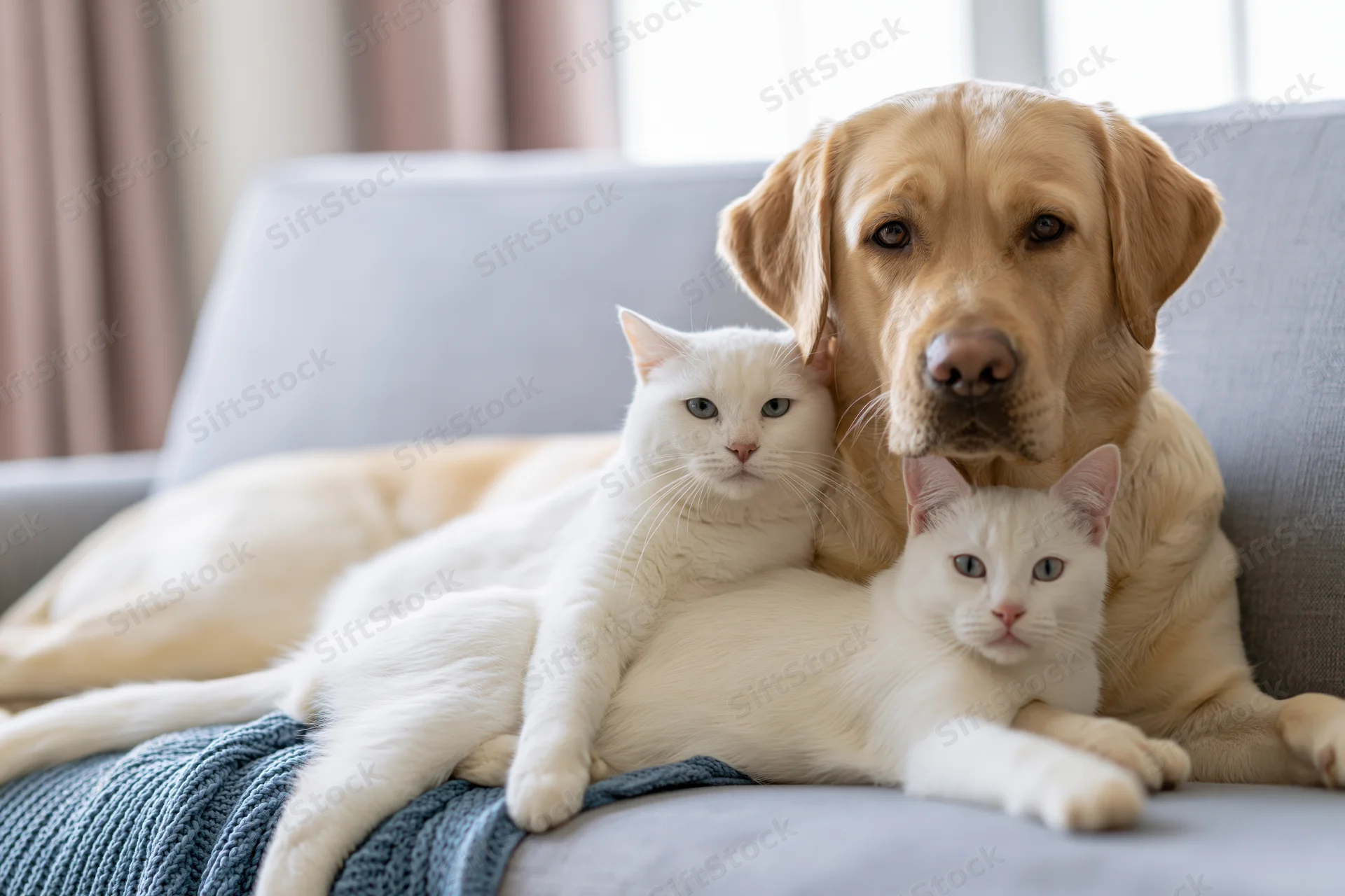 Golden labrador retriever lying relaxed on grey couch with two white cats nestled beside it