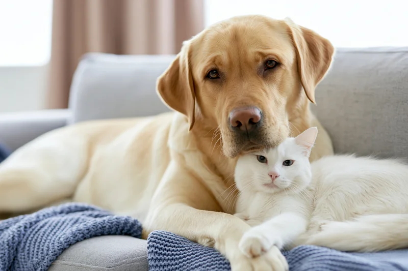 Golden labrador retriever lying relaxed on grey couch with white cat resting beside it