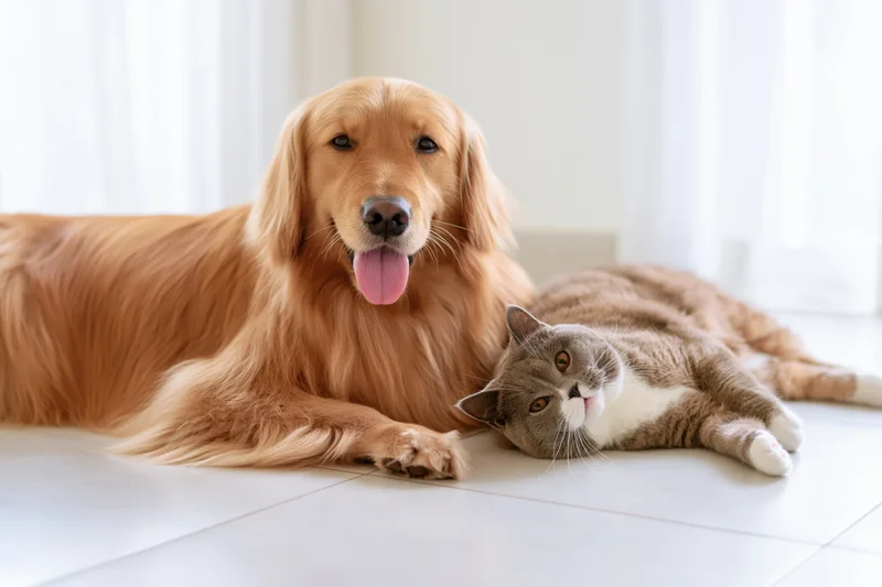 Golden retriever and gray tabby cat lying together on a light tile floor in a bright home interior