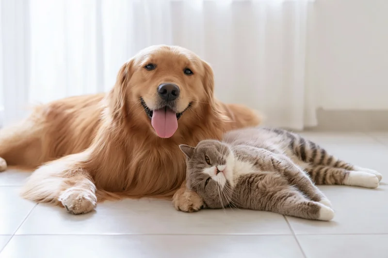 Golden retriever lying relaxed on light tile floor with tabby cat resting beside it near window