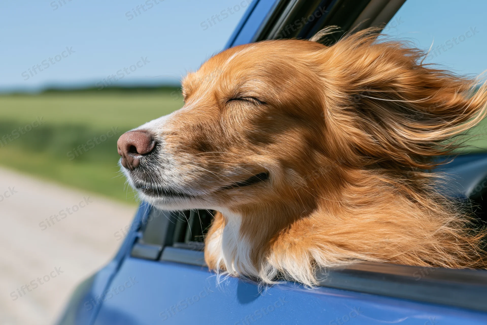 Golden retriever mix with white muzzle hanging head out of car window with fur blowing in wind