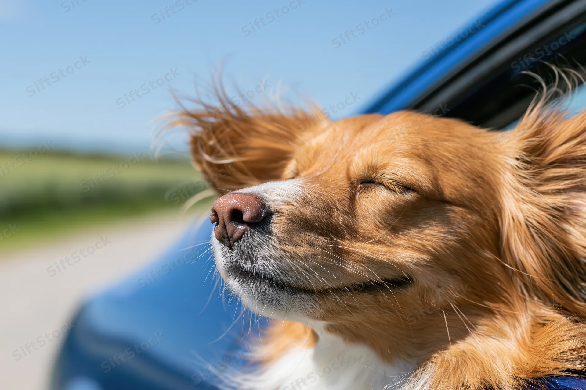 Golden retriever mix with white muzzle hanging head out of car window in wind