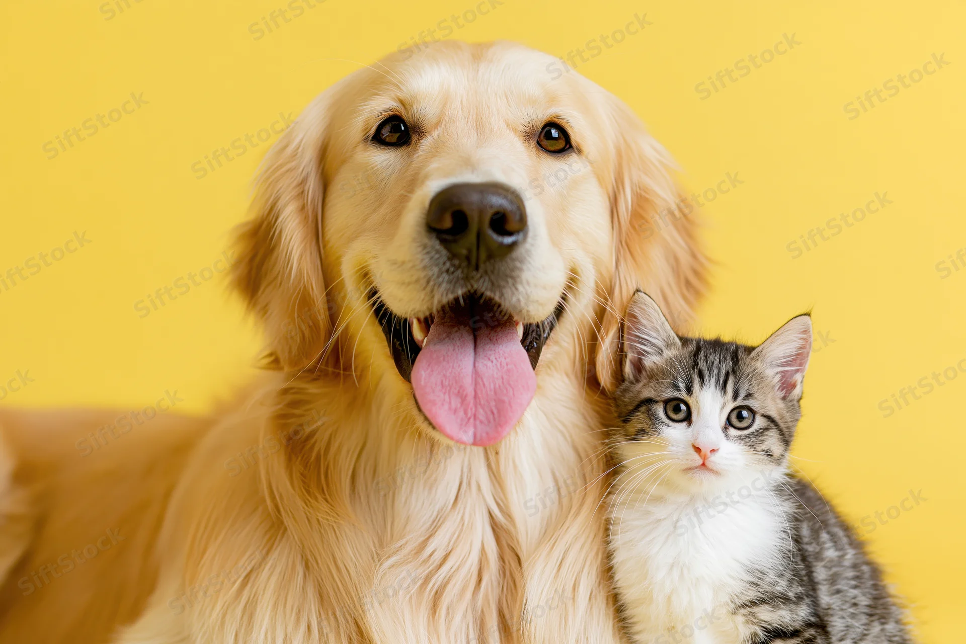 Golden retriever with tongue out posing beside a tabby kitten against yellow background