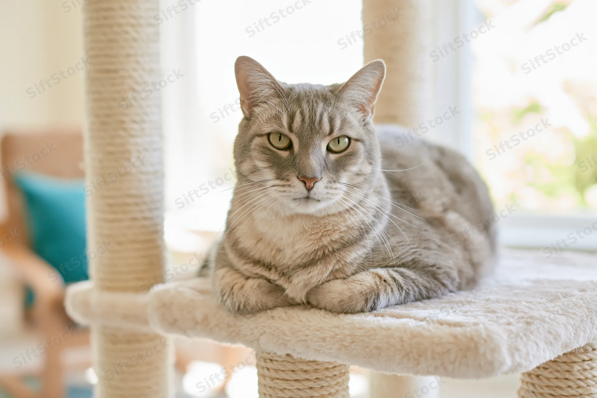 Grey tabby cat resting on a beige sisal cat tree platform near a window in a home interior