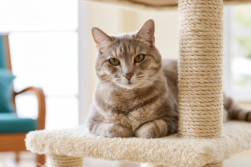 Grey tabby cat resting on a beige sisal cat tree platform in a living room
