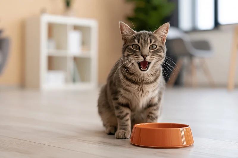 Tabby cat meowing while sitting beside an orange food bowl on a light wood floor in a home interior