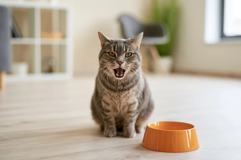 Gray tabby cat sitting on light wood floor with open mouth next to orange bowl