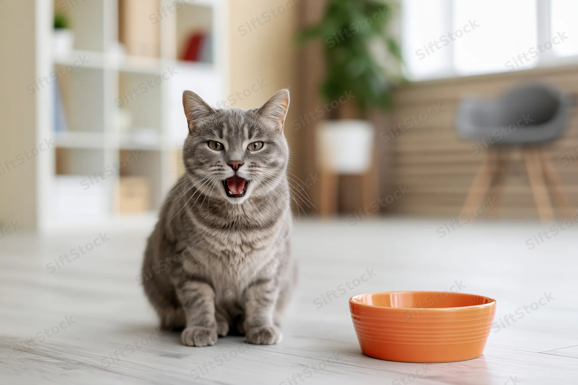 Grey tabby cat sitting on light wood floor next to orange bowl with mouth open