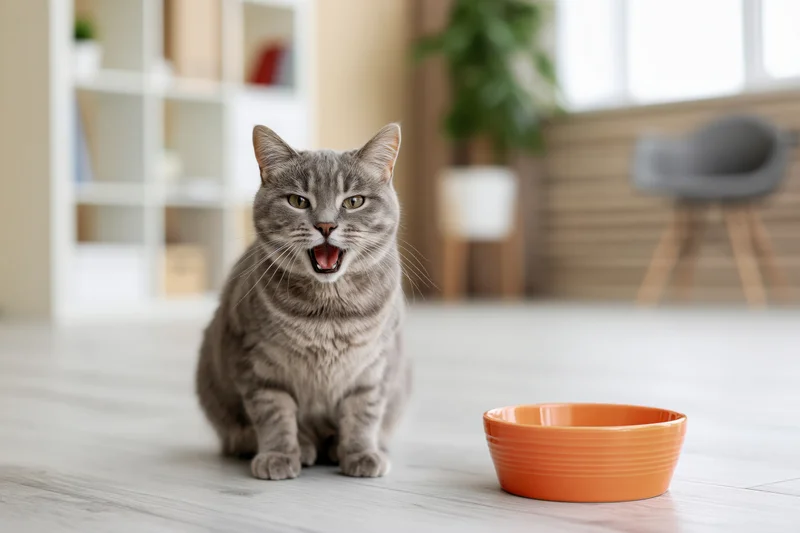 Grey tabby cat sitting on light wood floor next to orange bowl with mouth open