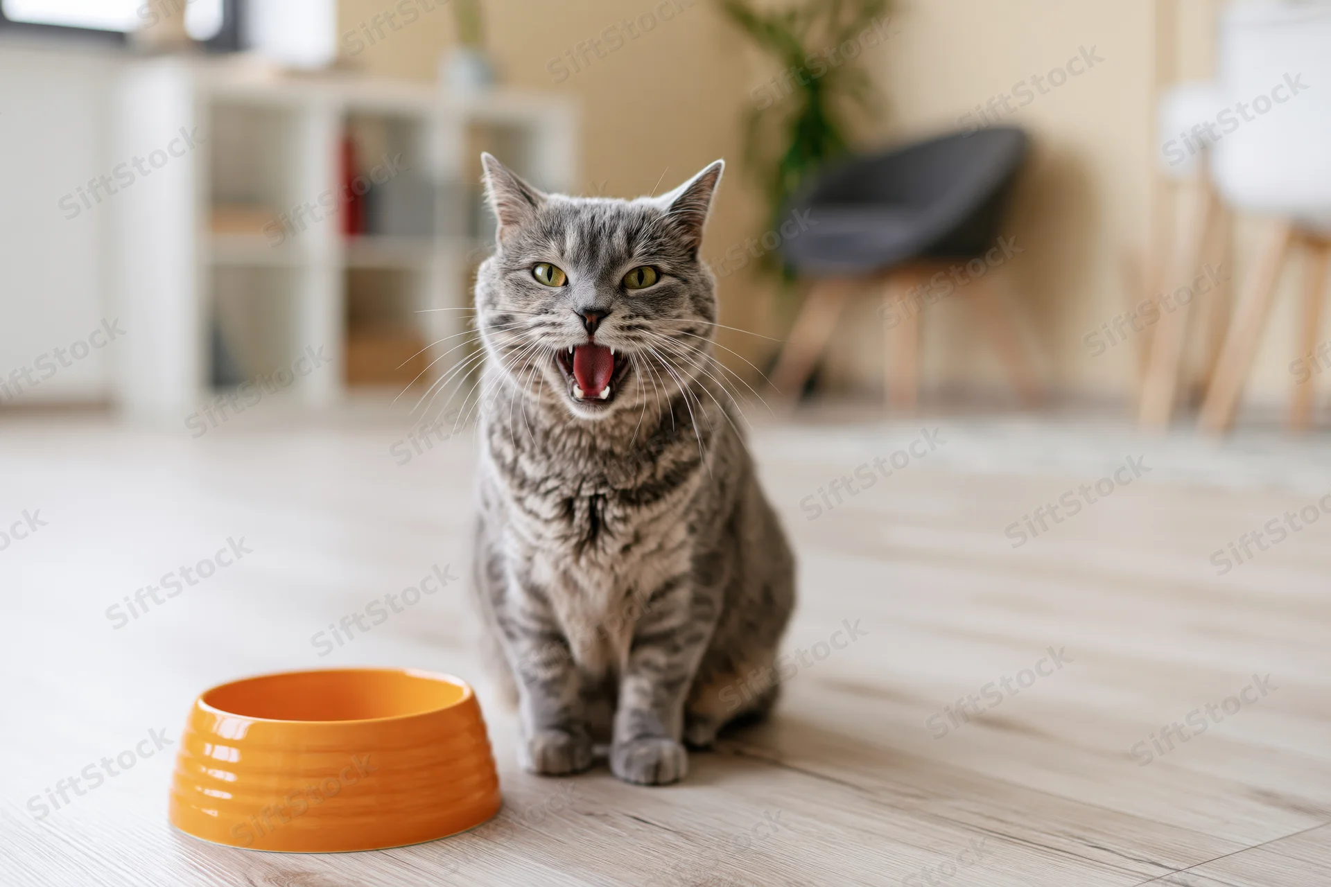 Grey tabby cat sitting on light wood floor next to orange bowl with mouth open