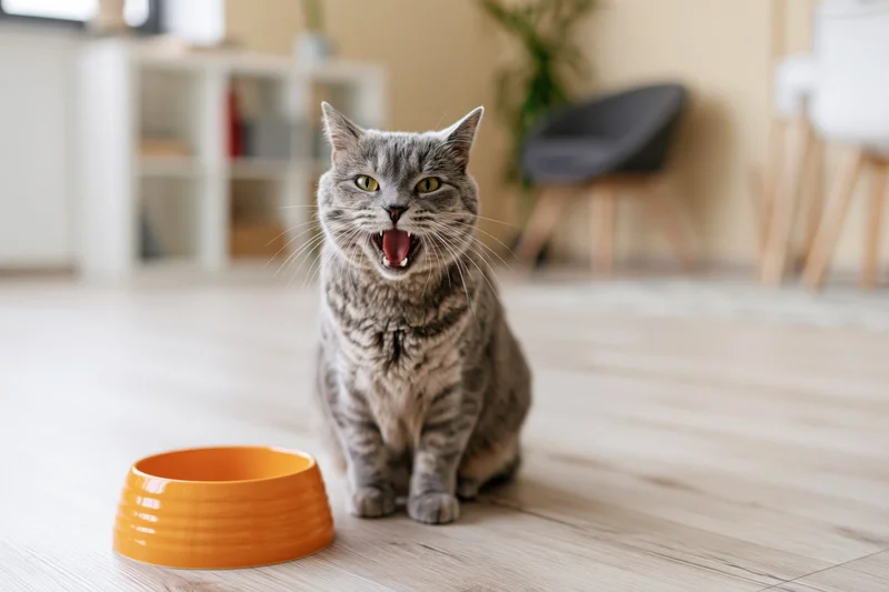 Grey tabby cat sitting on light wood floor next to orange bowl with mouth open