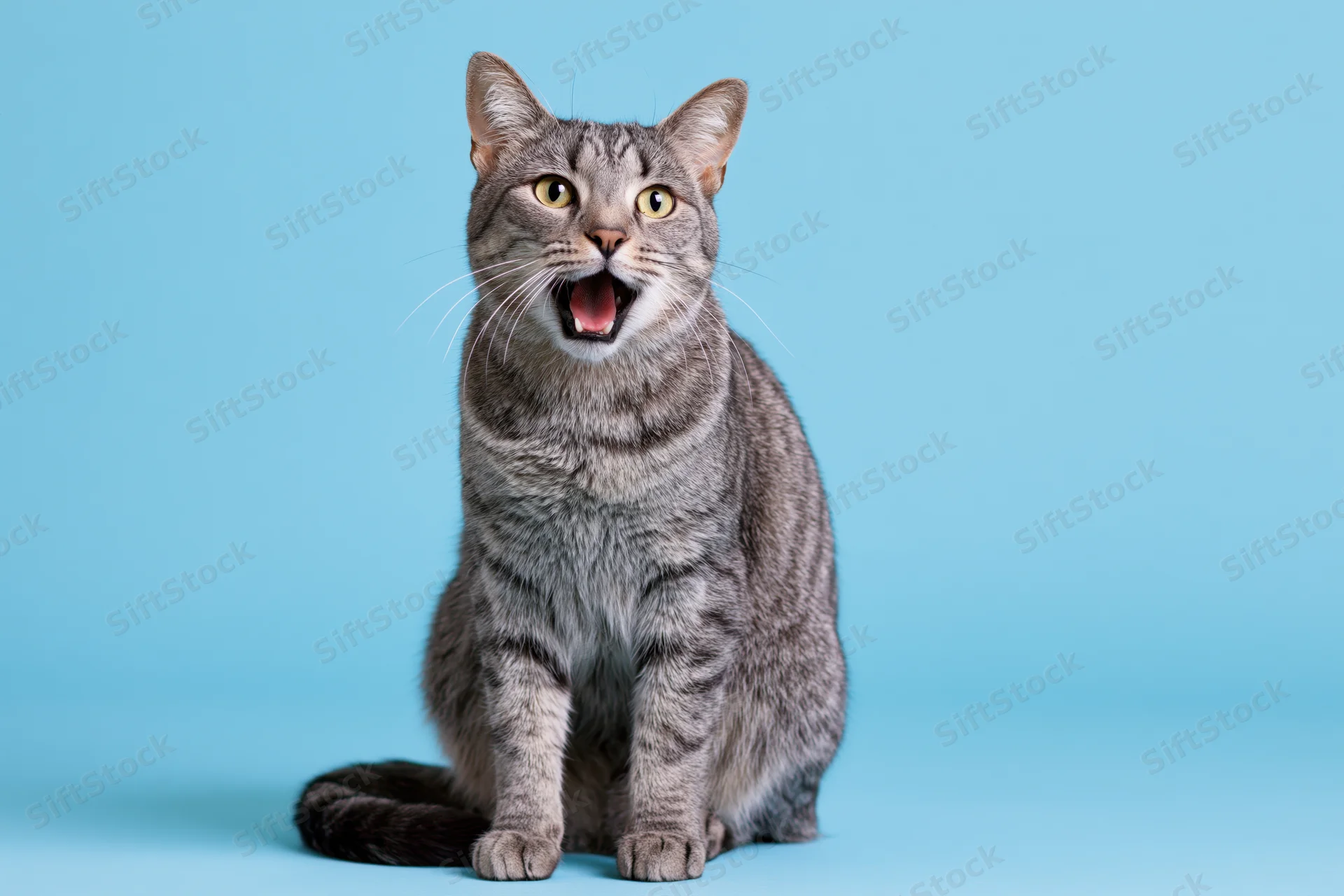 Grey tabby cat sitting upright with mouth open and wide eyes against blue background