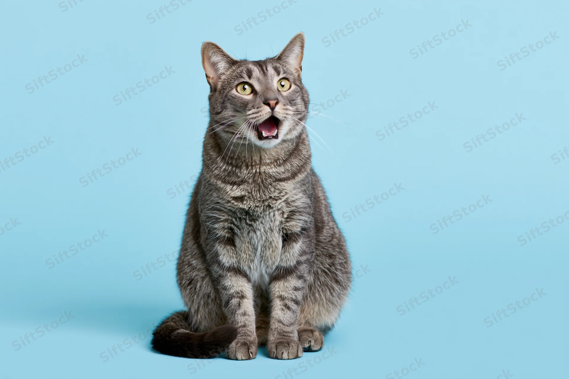 Grey tabby cat sitting upright with mouth open and wide eyes against blue background
