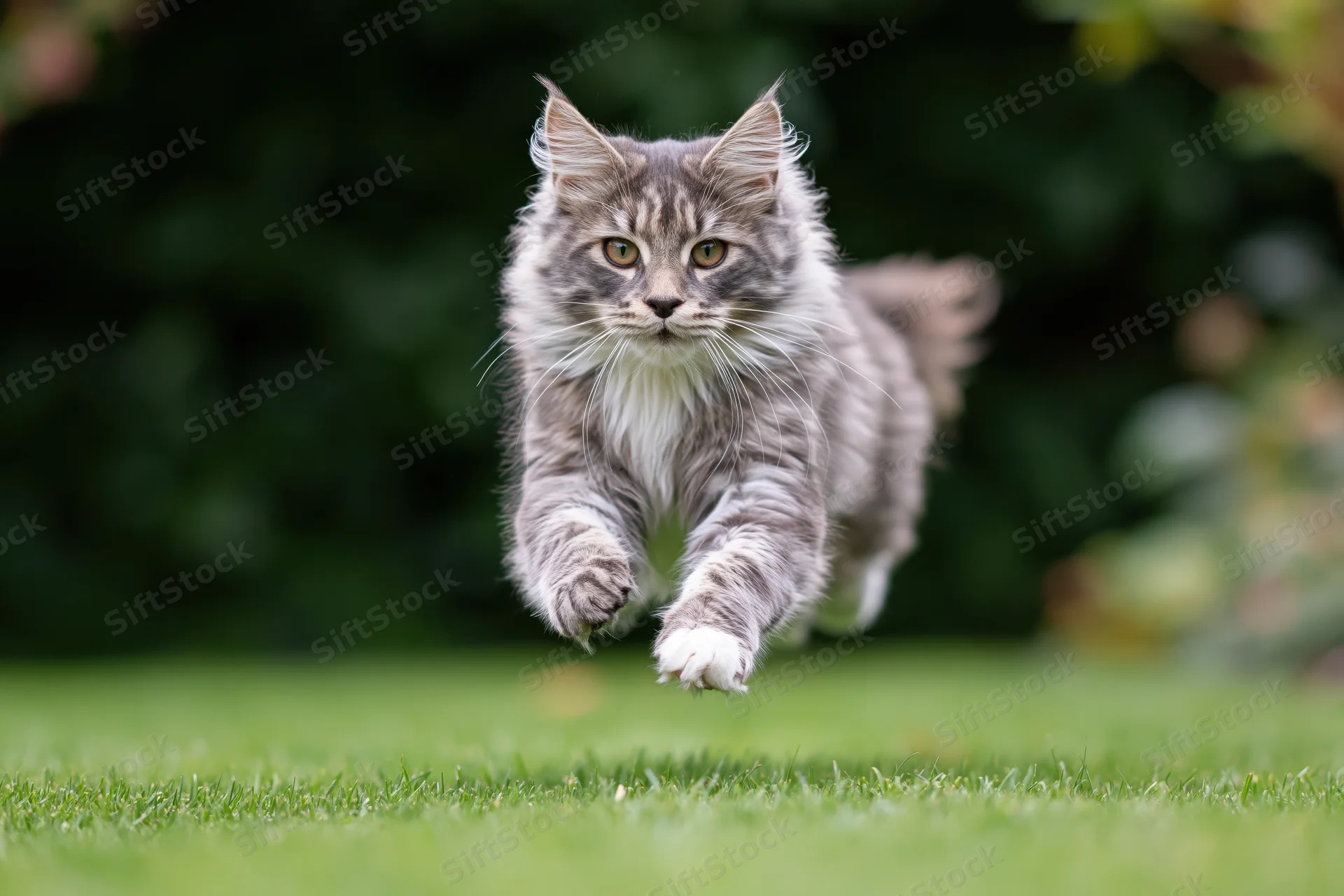 Grey long-haired tabby cat running across green lawn in mid-sprint